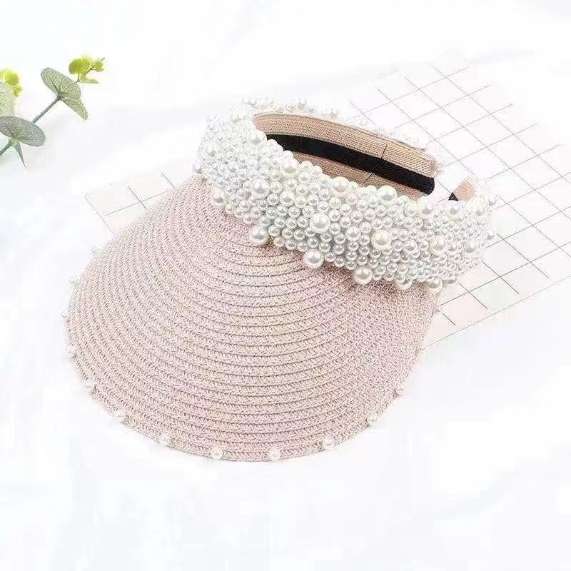 Hat women's summer new face small pearl empty top hat spring and summer cap fashion sunscreen cap breathable sun hat