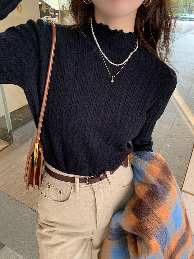 Women's White Half-High Neck Ruffle Trim Knit Sweater - Autumn/Winter 2025 Collection