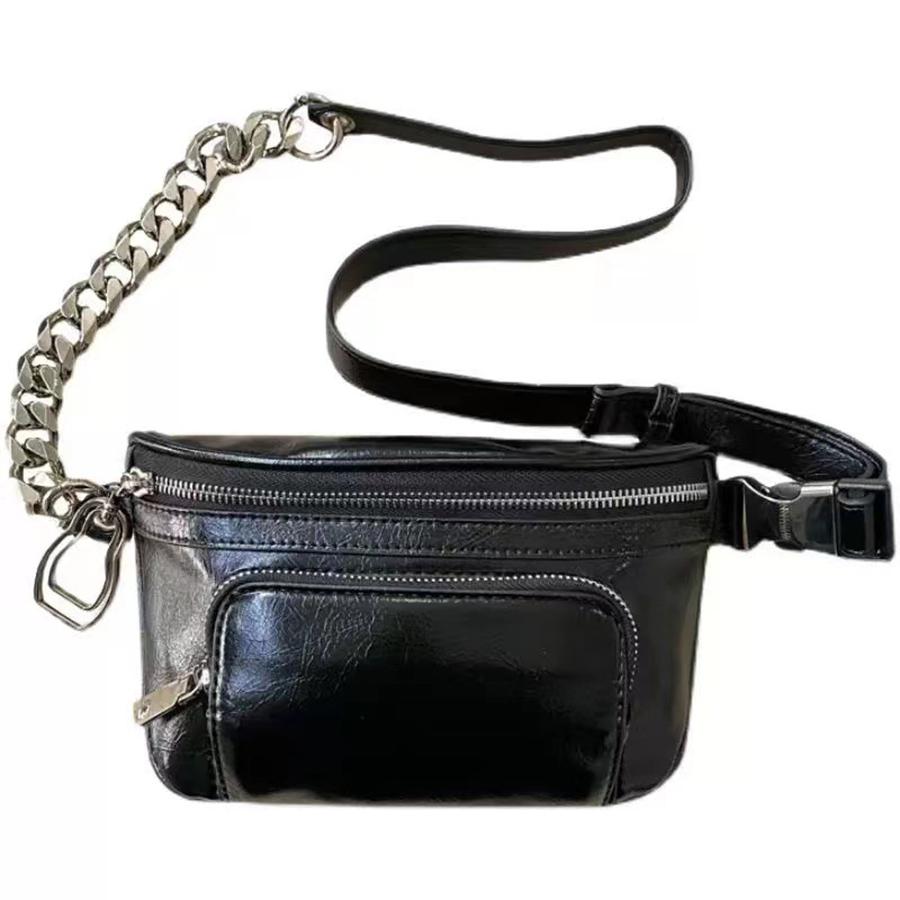 Stylish Hobo Solid Color Satchel Designer Chest Bag Women's PU Leather Waist Bags Chains Fashion Zip Fanny Shoulder Pack Black