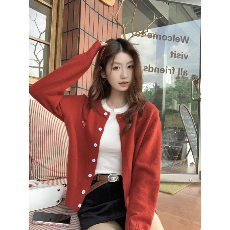 Baby blue age-reducing embroidered knitted cardigan single-breasted sweater jacket women's autumn soft waxy design top