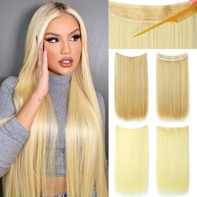Blond deschis Extensii de păr lung și drept natural Fibră sintetică Purtare zilnică Cosplay Linie de pește invizibilă Postiță