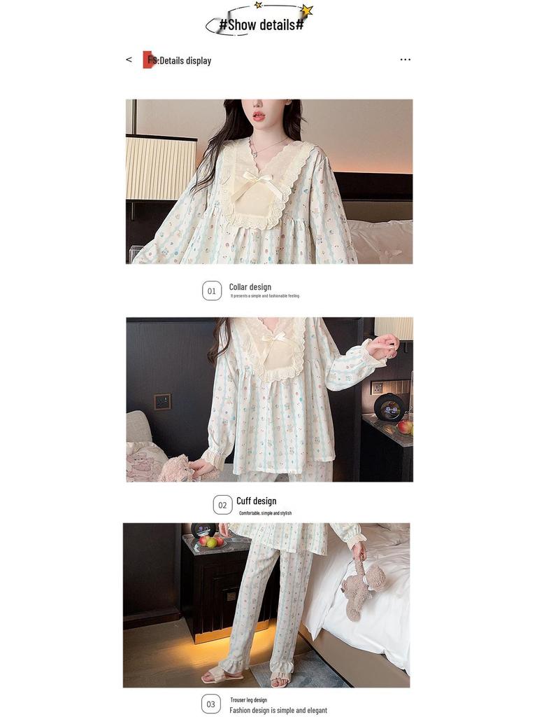 Plus Size Women's Pajamas: Sweet Princess Style, Lace, Long Sleeves - Perfect for Spring and Autumn