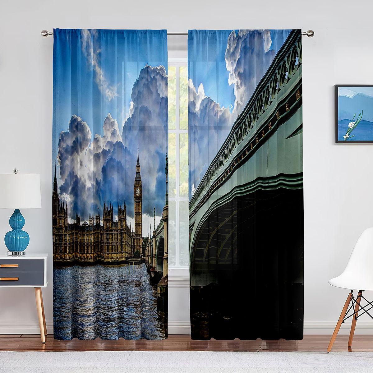 

Лондонский Тауэрский мост, ночной вид на реку, тюлевые шторы для гостиной, спальни, кухни, окна, шифоновая прозрачная вуаль, шторы, жалюзи 1 PCS W100XH250cm&Rod Pocket