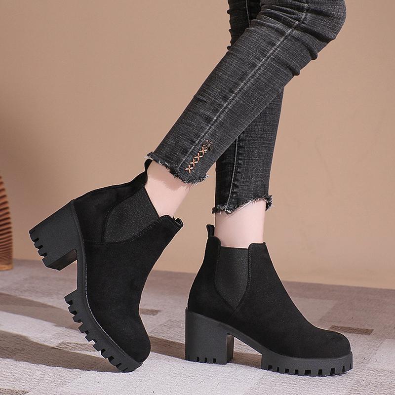 Spring And Autumn  Fashion Temperament Thick heel plush thick sole Women's British Syle Frosted Leather high-heeled Boots