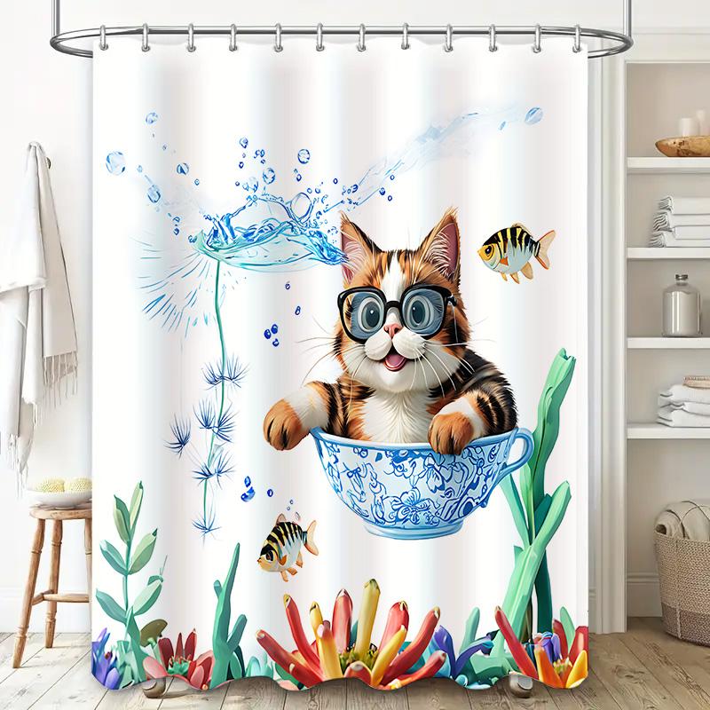 Cute Cat In Blue Teacup Shower Curtain For Bathroom Decoration Funny Pet Design Waterproof Durable Easy To Install And Maintain