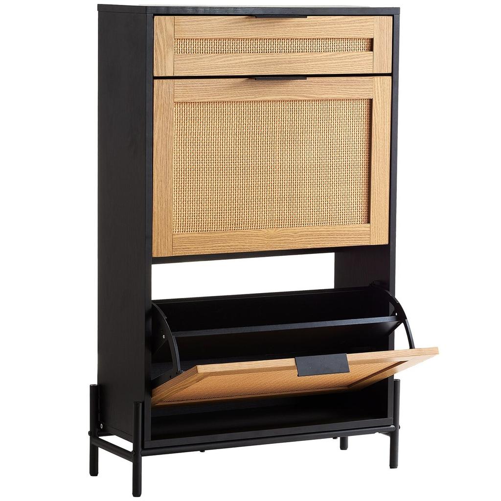 Rattan Shoe Cabinet Shoe Organizer 2 Flip Drawers & 1 Slide Drawer Black