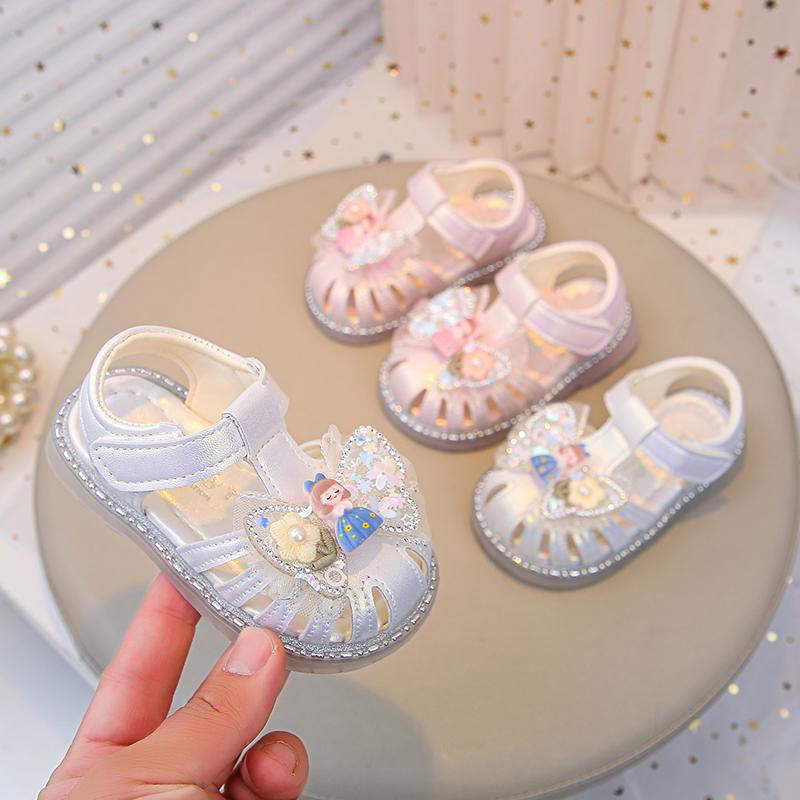 Baby Girls Princess Shoes Sweet Bows Kids Beach Shoes Hollow-out T-strap 2025 Summer New Toddler Walking Shoes Soft Size 16-26