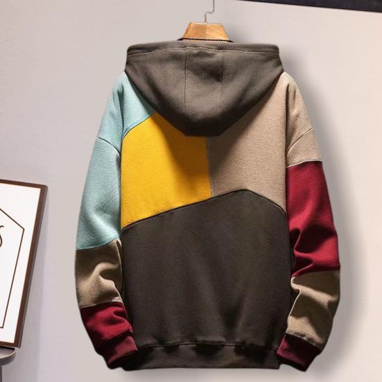 Men Autumn Hoodie Color Matching Thin Fleece Hooded Long Sleeves Oversized Keep Warm Big Pocket Casual Spring Hoodie for Daily Wear