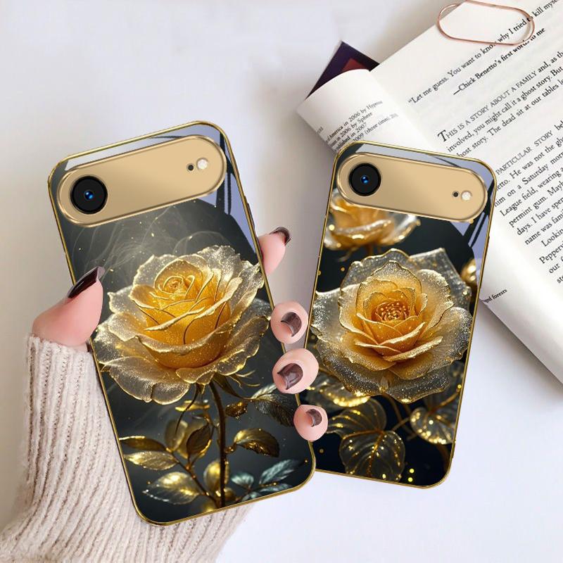Elegant golden rose For IPhone 17Pro Max 16 17 Pro 15 Pro 14 13 Plus 12 Mini 11Pro Max XR 16E 17 Air Golden glass phone case