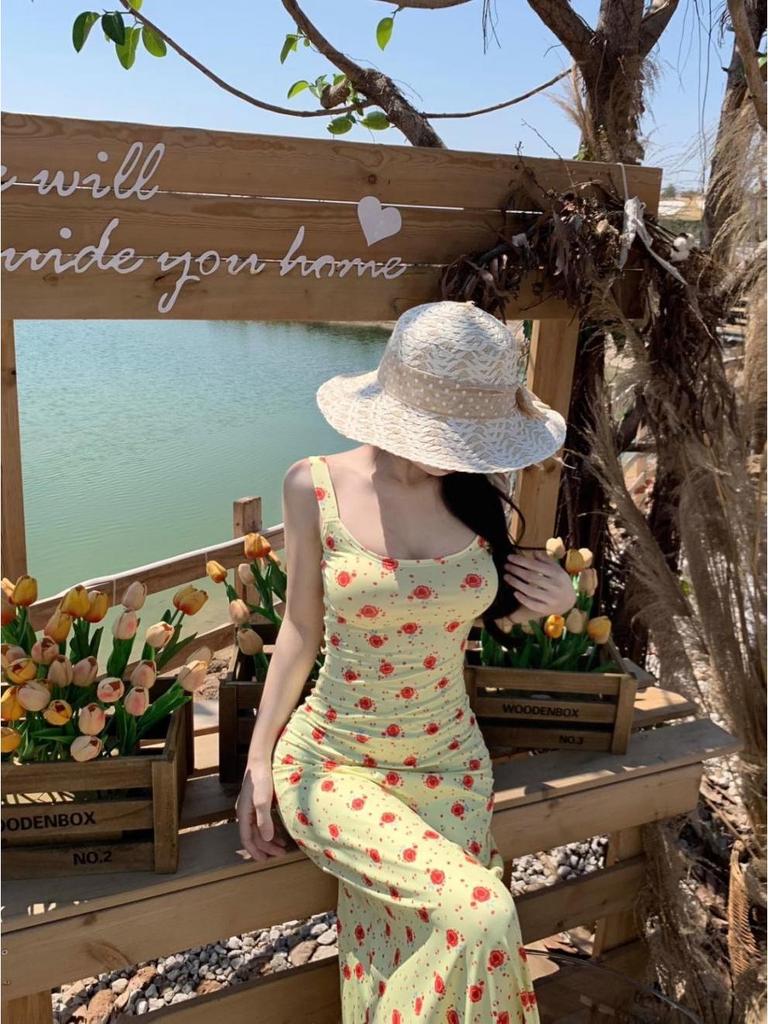 2025 Sommer Retro Französisch Gelb Floral Meerjungfrau Maxikleid