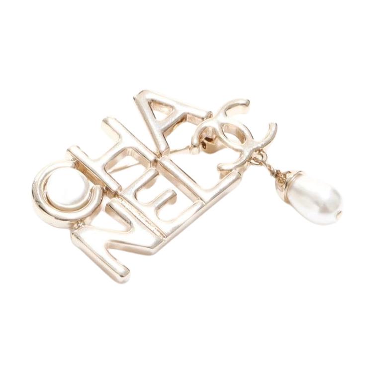 Chanel Logo Faux Pearl Brooch Women accessories Gold FF6919