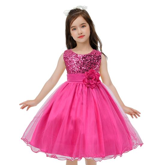 

Платье принцессы для девочек, топ без рукавов с блестками и круглым вырезом, цветочный пояс на талии, многослойное детское пышное длинное платье с тюлевым подолом и рюшами