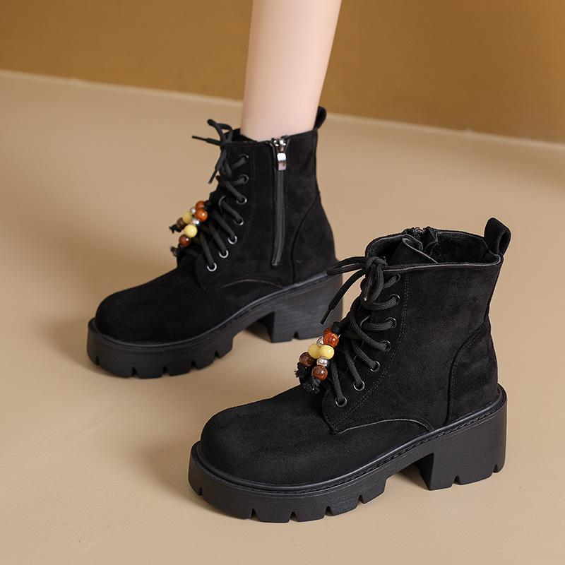 Short boots children's 2025 autumn new retro flat bottom beaded strap short boots soft bottom fashion matte Martin boots
