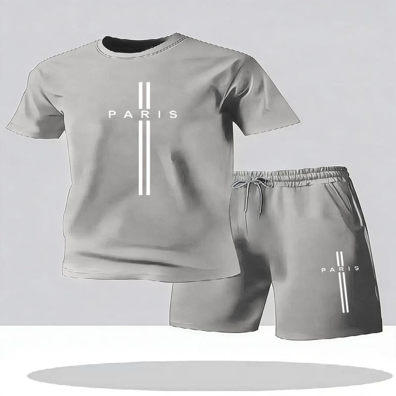 New Minimalist Solid-Color Paris Letter Print T-Shirt and Shorts Two-Piece Set Summer Plus-Size Athletic Men's Short-Sleeve Set