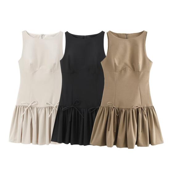 Women Summer Dress Sleeveless Bow Decor Pleated A-line Solid Color Mini Dress Back Zipper Closure O Neck Vest Dress for Dating Party