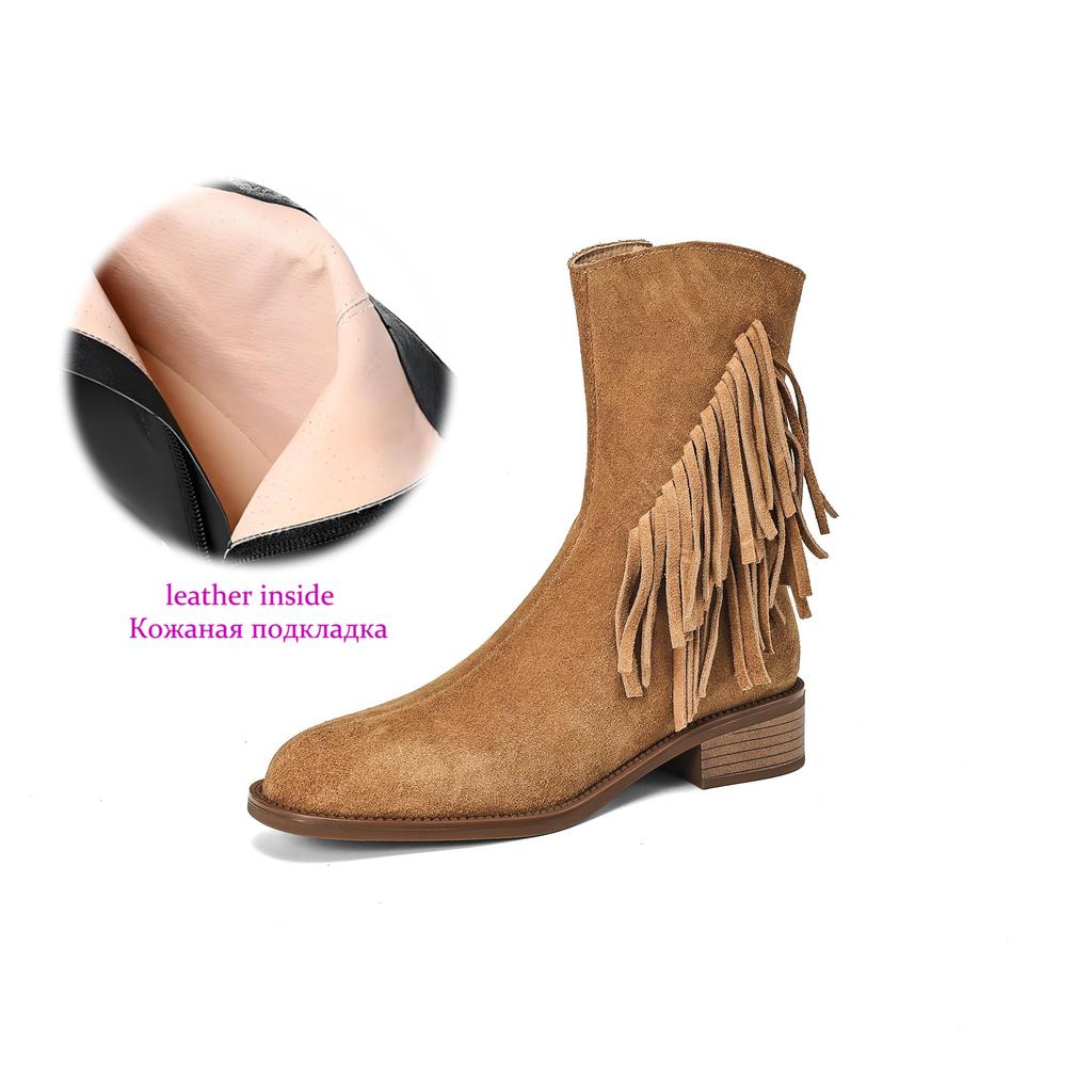 Krazing Pot Cow Suede Nubuck Autumn Winter Shoes Med Heels Size 42 Modern Boots Round Toe Zipper Tassel Ankle Boots