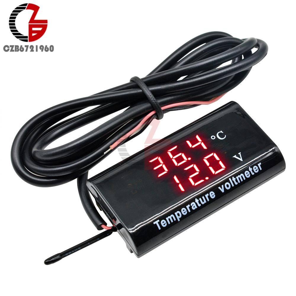 DC 12V Digitaler Temperatur-Voltmeter-Messgerät IPX6 Wasserdicht für Boot Motorrad 0,28 Zoll LED-Anzeige Volt Spannungsmesser Batterie