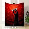 A Figure Holding a Bird Toward a Glowing Circular Pattern On a Red Background. for All Seasons Blanket Lunch Break Throw Gift