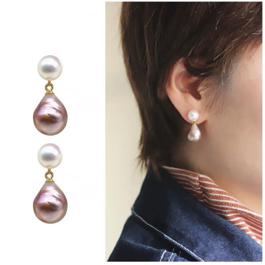 Classic Double Bead Baroque Stud Earrings Purple Special-shaped Pearl Ins Retro Texture Water Drop Pearl Earrings Extravagant