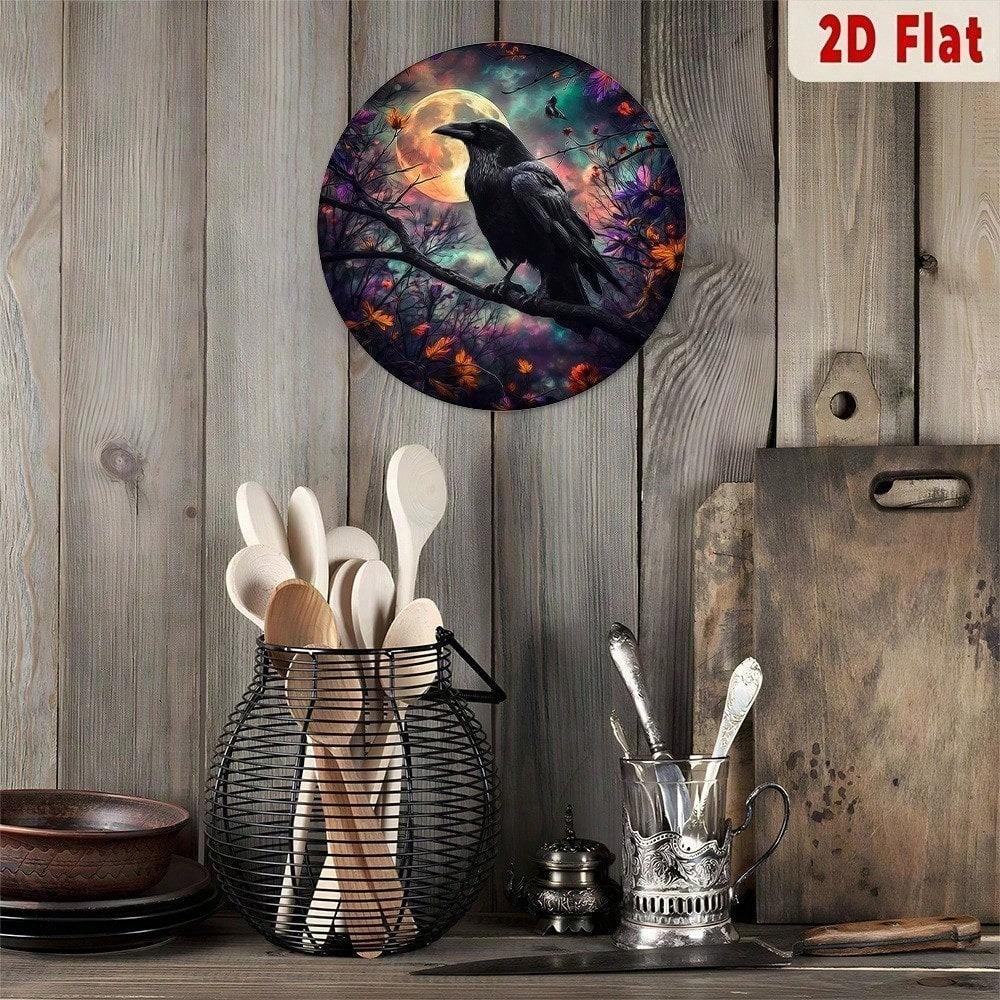 Gothic Raven Moon Metal Wall Art, Glowing Eyes Aluminum Sign