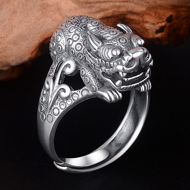 Adjustable Open Ring Men Women Plated Lucky Pixiu Charm Wide Band Statement Retro Ethnic Style