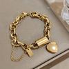 Punk Style Chunky Chain Gold Stainless Steel Bracelet, Fashion Heart Pendant Wristband, New Year Valentine's Day Gift for Women
