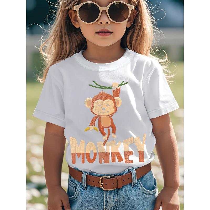 European sizes Monkey Print Cotton T-Shirt - Cute Monkey Face Short Sleeve Round Neck Top | Machine Washable 98cm
