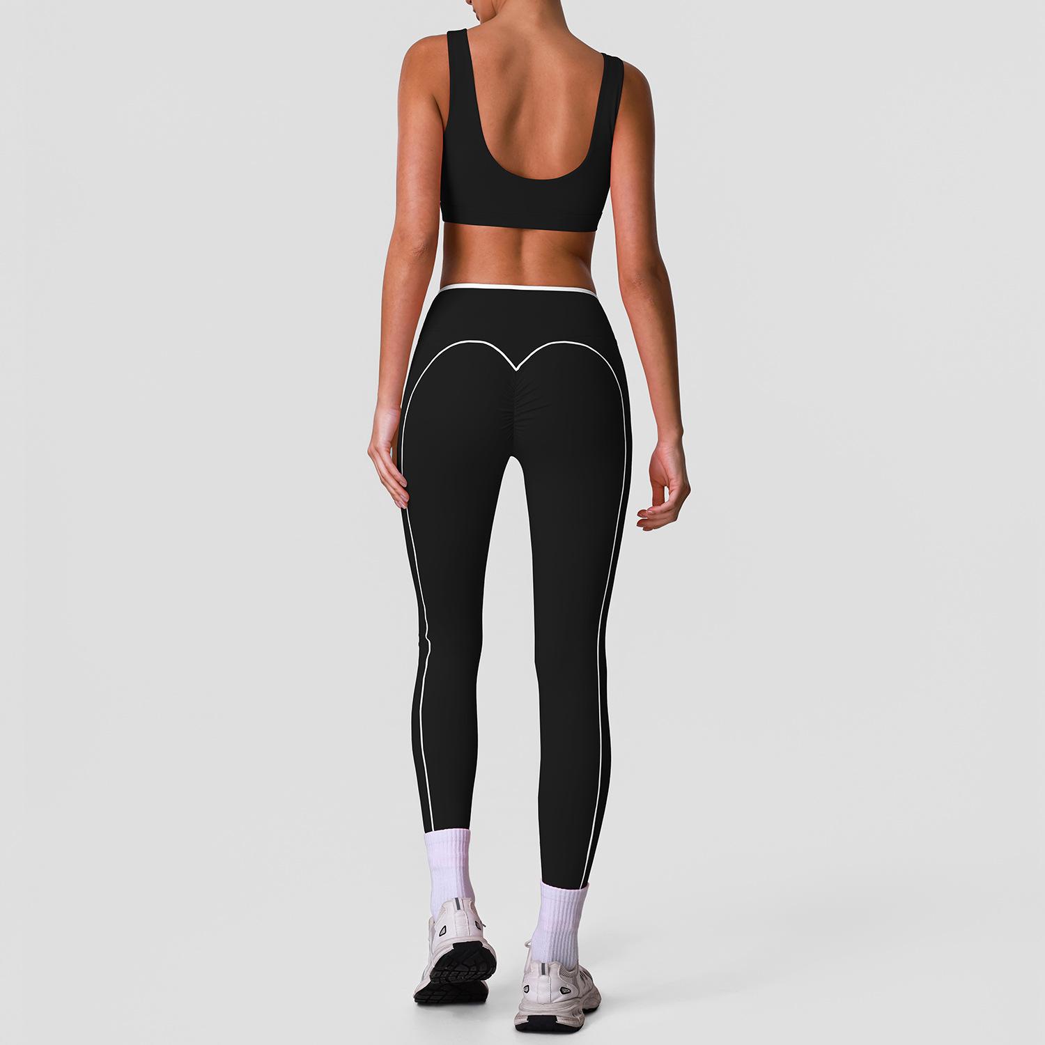 Women s Colorblock Trim Yoga Set with Square Neck Sports Bra and Crossover Waist Leggings S чёрный