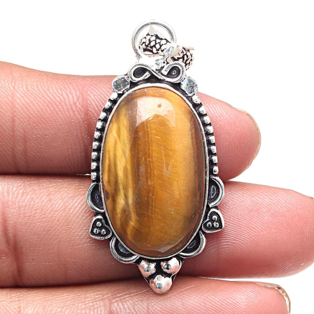 Pendant Tiger's Eye Gemstone Handicraft Valentine'Day Gift Silver Jewelry 2"