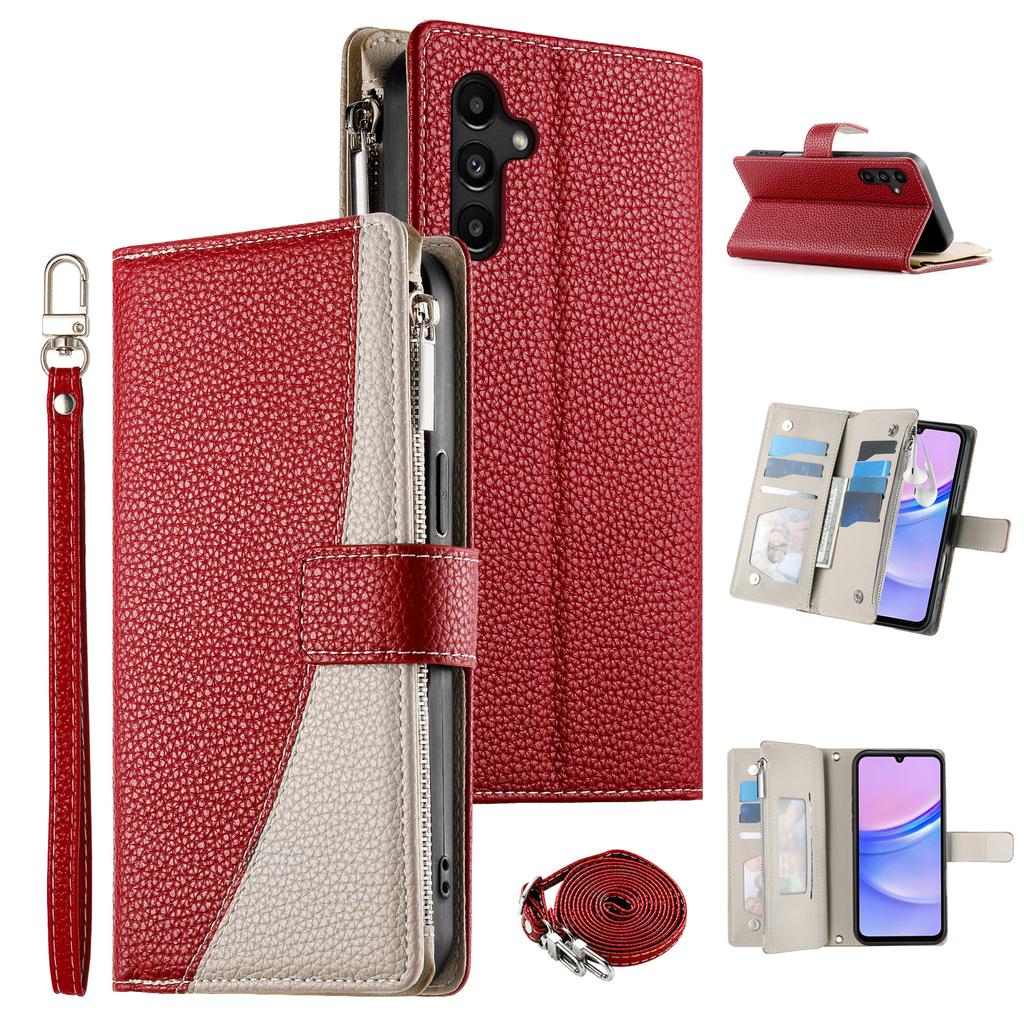 For Samsung Galaxy A15 5G/4G Case Zipper Wallet Color Splicing Leather Flip Phone Cover with Straps