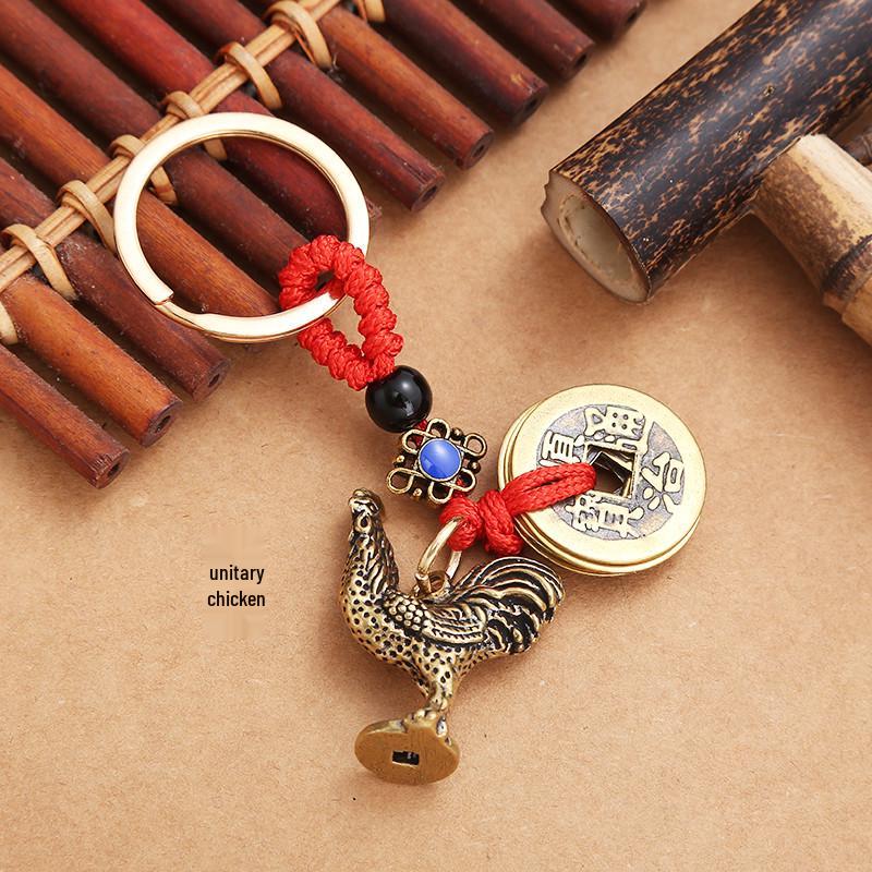 Three-Dimensional Brass Zodiac Keychain with Five Emperors Coins - Birth Year Ornament Gift