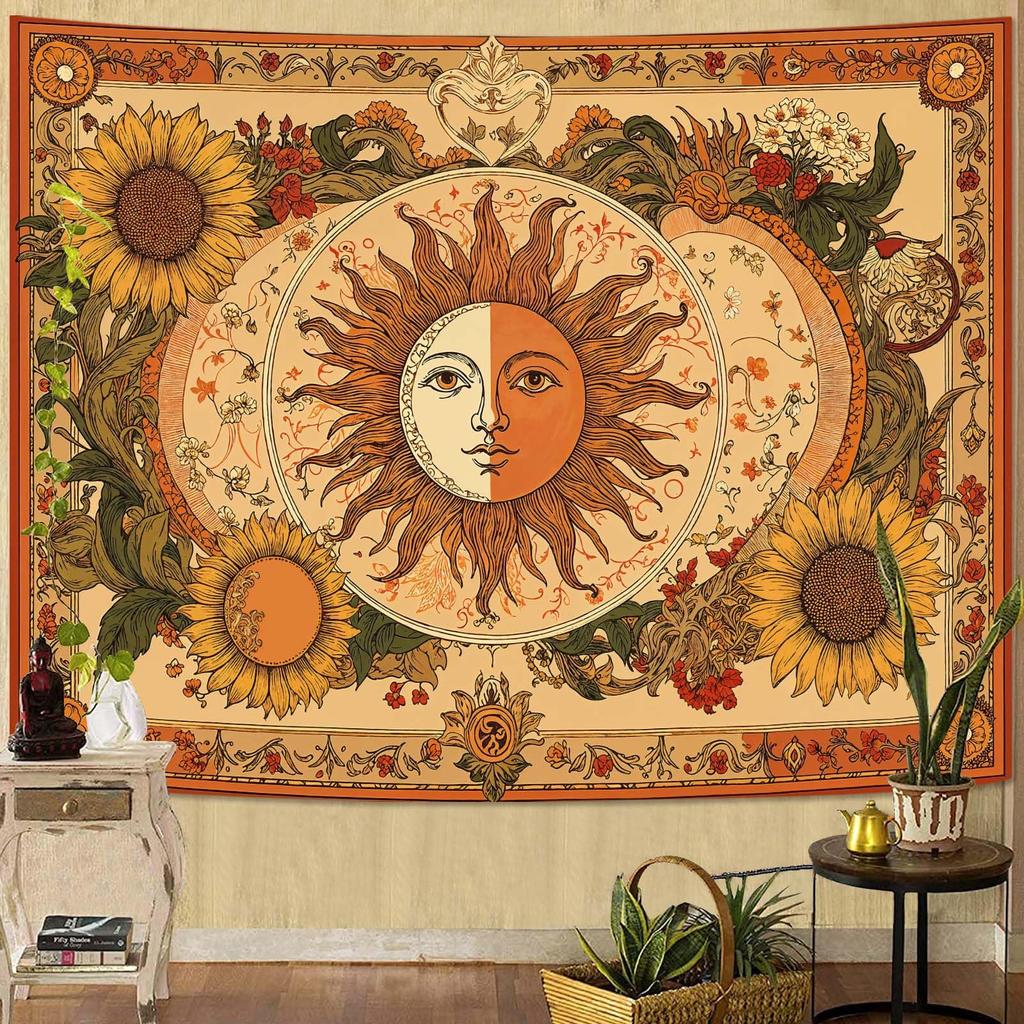 Tapestry Vintage Celestial Sun Moon Tapestries Starry Sky Wall Hanging Mystical Astrology Line Art Decor Bedroom Dormitory