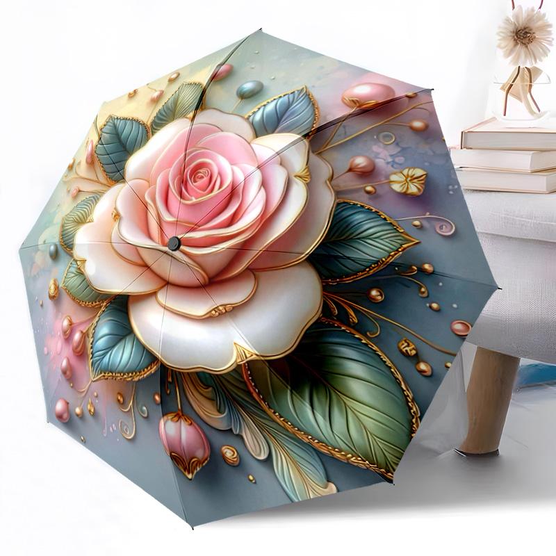 Ombrello Automatico da Esterno con Fantasia di Rose in Fiore Design Retrattile con 8 Stecche Resistenza Leggero Regalo Perfetto per Amici Familiari
