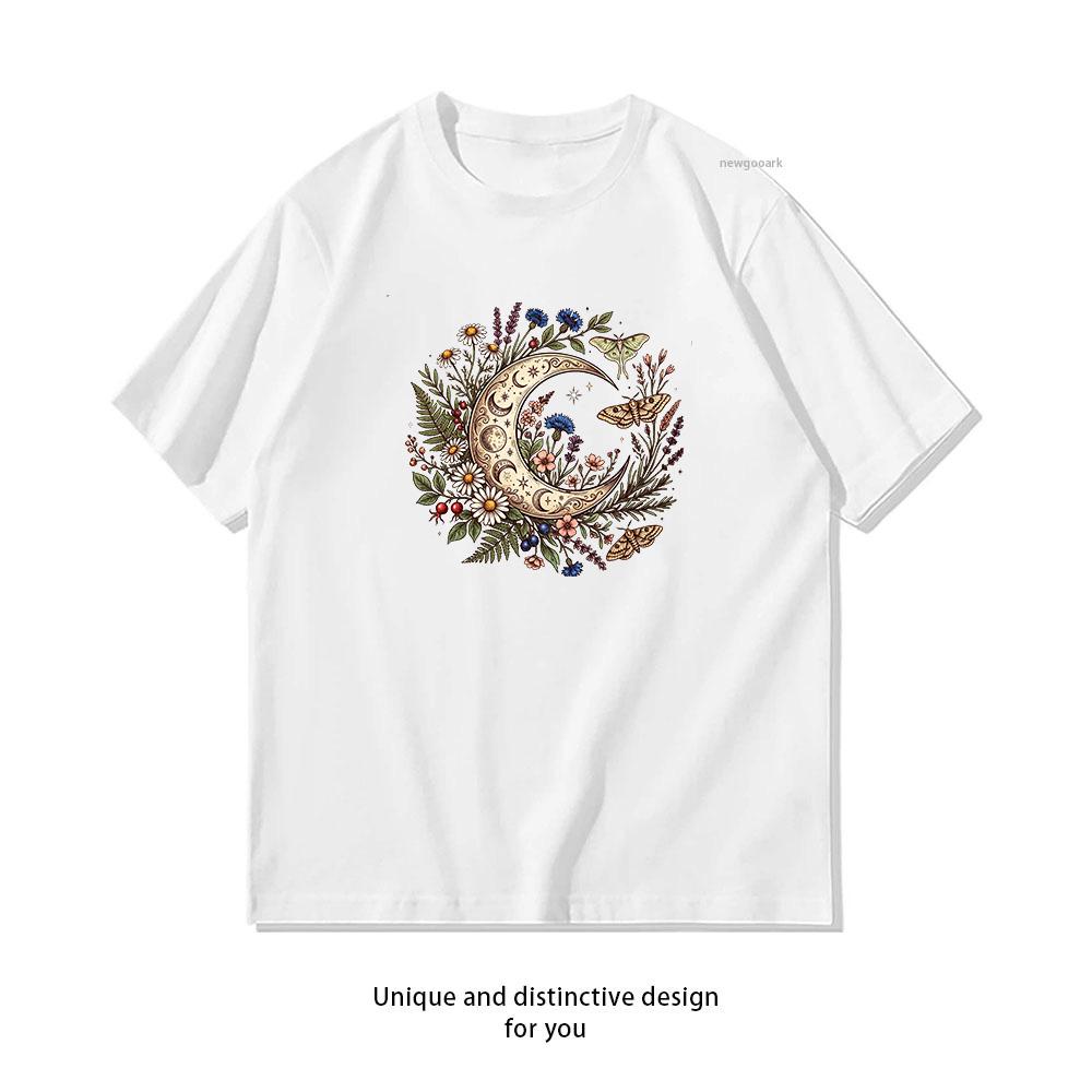 Celestial Moon Floral Moon Sublimation Spiritual Shirt Woman Man Summer Cotton Graphic T Shirts Adult Streetwear Camisetas Tops S