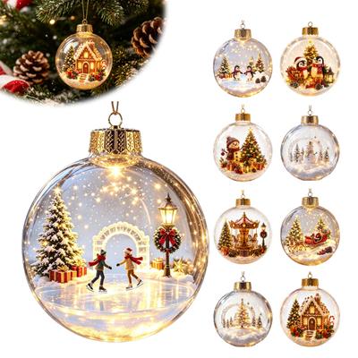 Weihnachtsbaum-Hängeornamente Leuchtende Story-Ornamente, Leuchtender Ball mit Warmem LED-Licht, Mini-Feiertagsdekorationen Szene in Klarem Acryl-Dekoration