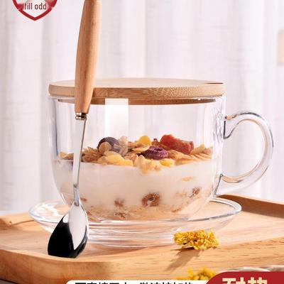 Oatmeal Breakfast Glass Mug with Lid & Spoon - Large Capacity for Milk, Cereal, Coffee