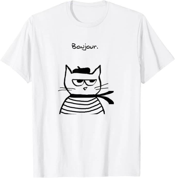 Bonjour French Cat Funny T-Shirt Unisex T-Shirt S