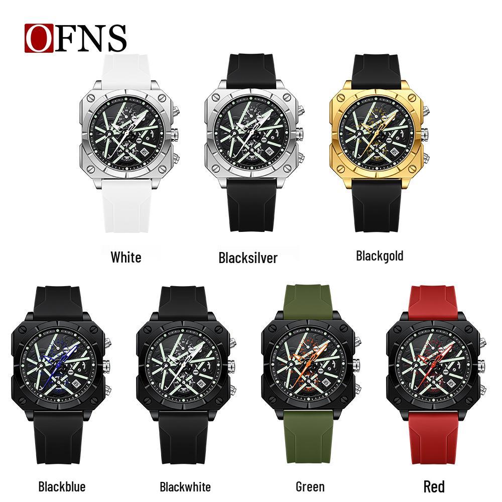 OFNS Men's Six-Needle Chronograph Quartz Watch with Luminous Bar Markers, Square Face, Waterproof, and Calendar.