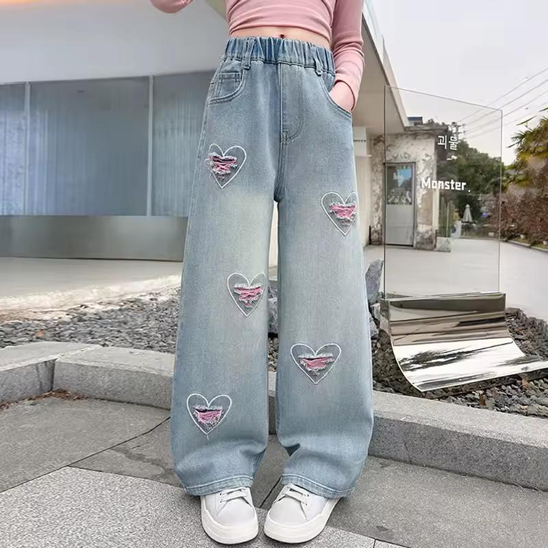 Teen Girls Denim Pants Spring Autumn New Heart Print Hole Wide Leg Pants For Girls Stylish Trousers