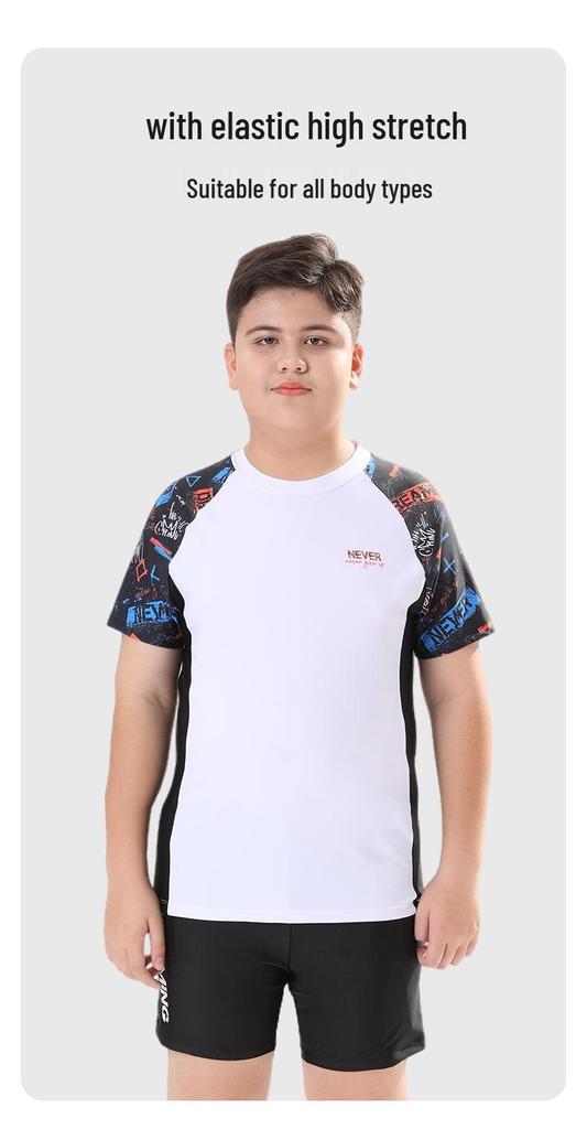 Customizable Two-Piece Short Sleeve Swimsuit for Kids & Teens - Plus Size, Quick-Drying, Loose Fit