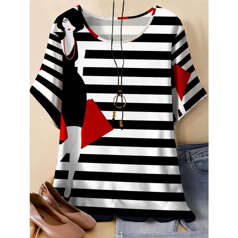 

Black and white striped T-shirt women s summer loose Korean fashion printed short-sleeved top S