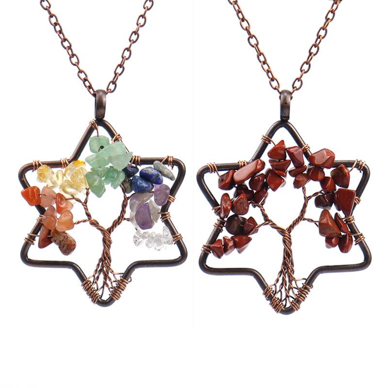 Handmade Wire Wrapped Six-Pointed Star Tree of Life Necklace with Natural Crushed Stone Crystal Beads
