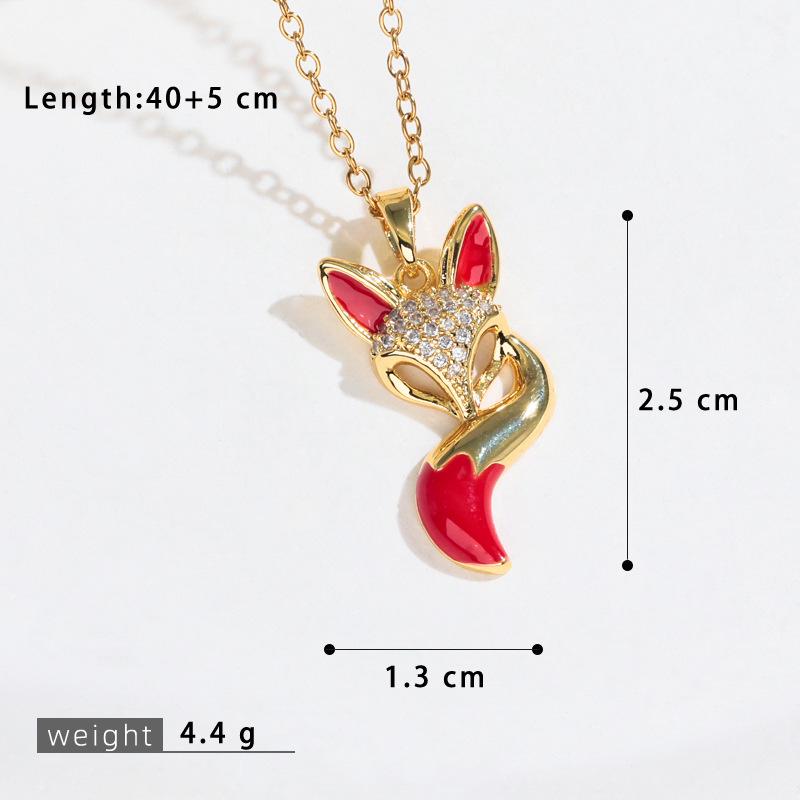 Creative Cute Fox Pendant Necklace with Zircon and Drip Glaze on a Copper Chain
