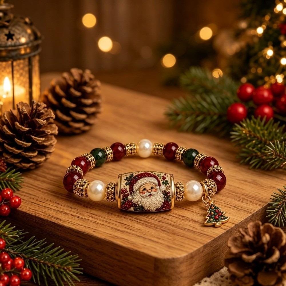 Santa Claus Beaded Bracelet Crystal Pearl Women Bangle Christmas Themed Christmas Bracelet  Girl