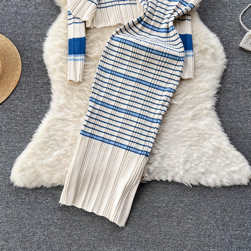 Autumn and Winter Small Fragrant Wind Stripes Collision Color Sexy Lapel Striped Knit Shirt Plus Halter Dress Two-piece