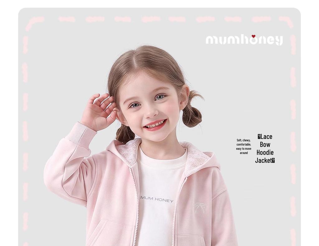 Girls' Stylish Bow-Decorated Hooded Zip-Up Sweatshirt Jacket