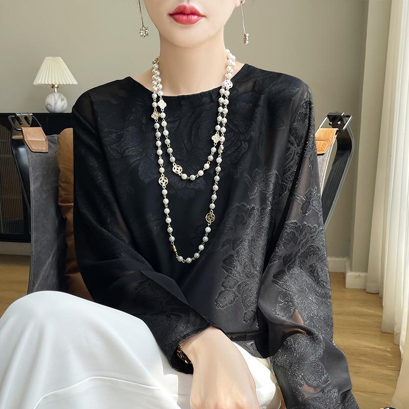 Women's Summer Silk Satin New Round Neck Printing Short Loose Large Size Long-sleeved T-shirt