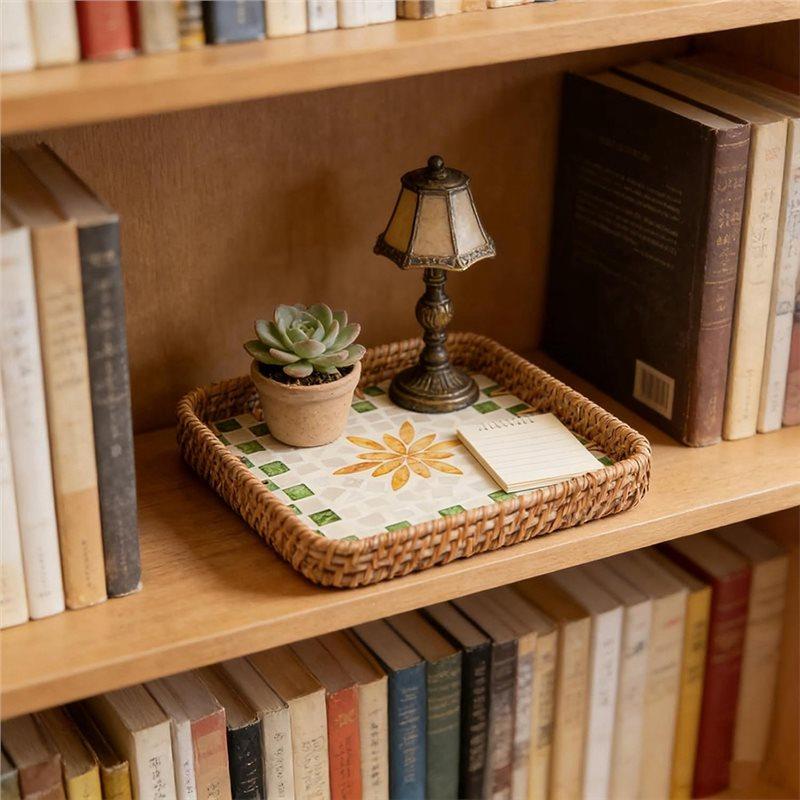 Premium-Decorative Woven Rattan Serving Tray With Mother Of Pearl Inlay, Handmade Square Storage Basket Tray
