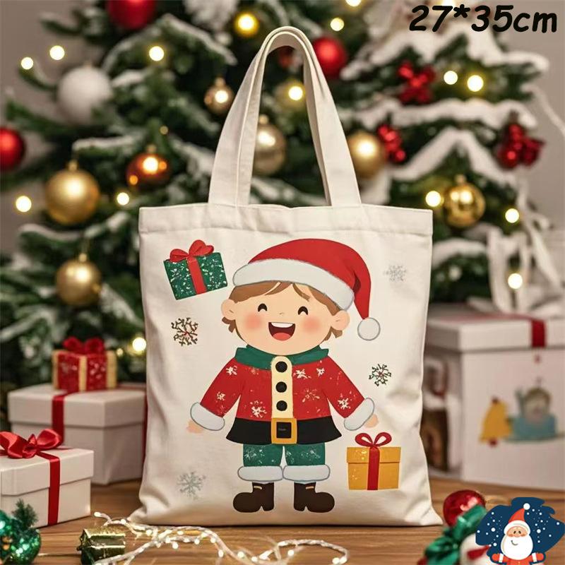 Happy New Year Christmas Gift Bags Cartoon Santa Claus Elk Christmas Tree Tote Canvas Bag Large Capacity Holiday Shopping Bag
