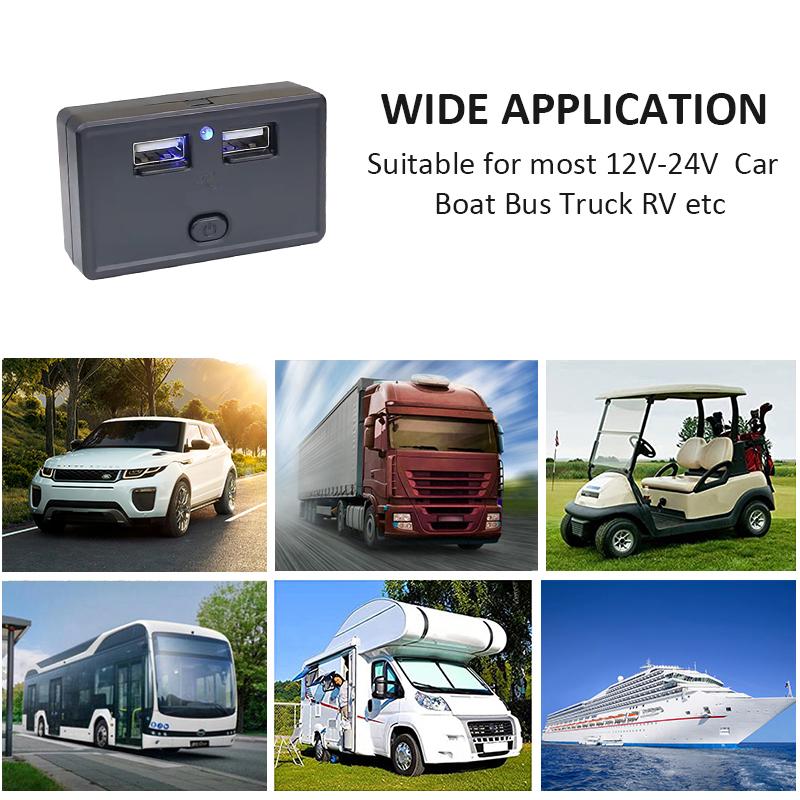 12V/24V USB-Ausgang 4.8A Dual-USB-Ladebuchse Wasserdichtes Autoladegerät-Panel mit Schalter für Auto Marine Boot Wohnmobil Bus LKW